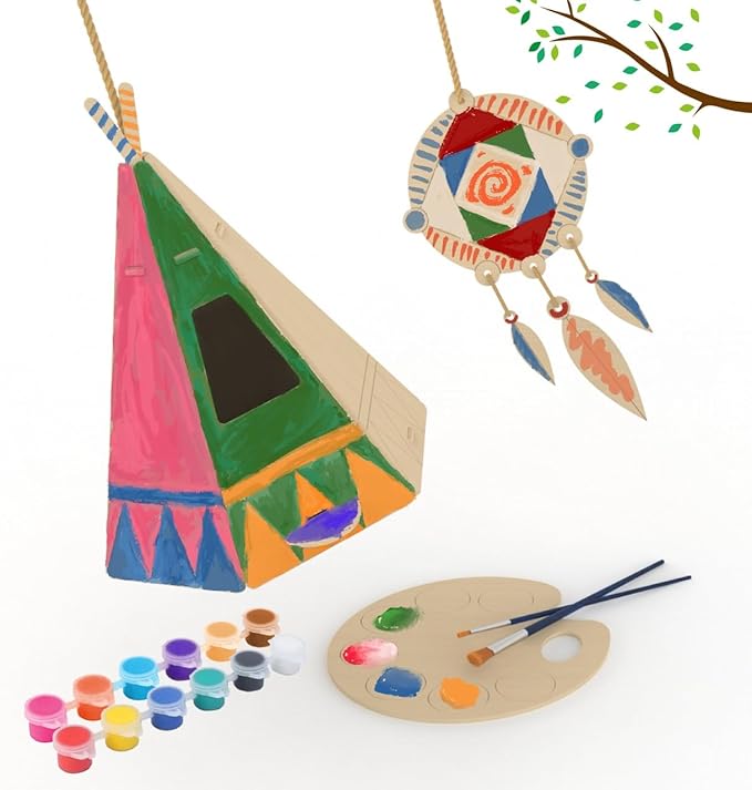 Chirpy - DIY Wooden Birdhouse Painting Kit for Kids - 8" - Non-toxic Paints, Brushes, Palette, Dream Catcher - Bird House Feeder Coloring Set - Art & Craft Project, Educational Toy, Nature Activity