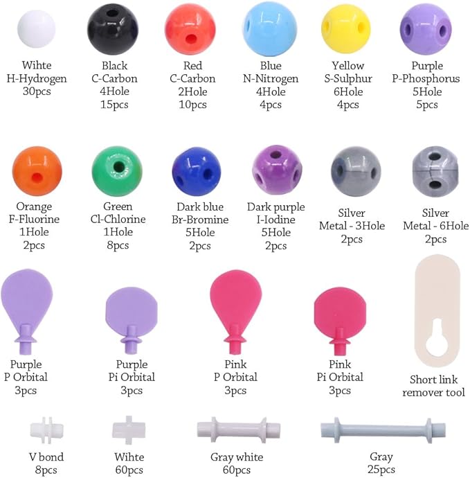 Swpeet 252 Pcs Molecular Model Kit for Inorganic & Organic Molecular Model Teacher and Student Kit - 86 Atoms & 153 Links & 12 Orbitals & 1 Short Link Remover Tool