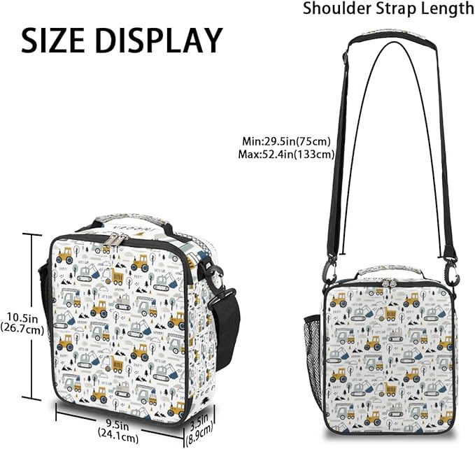 Excavator Car Large Lunch Box,Insulated Lunch Bags with Adjustable Shoulder Strap,School Thermal Lunchbox Cooler Tote Handbag,Waterproof Portable Tote Lunch Bag for School Picnic Work Office