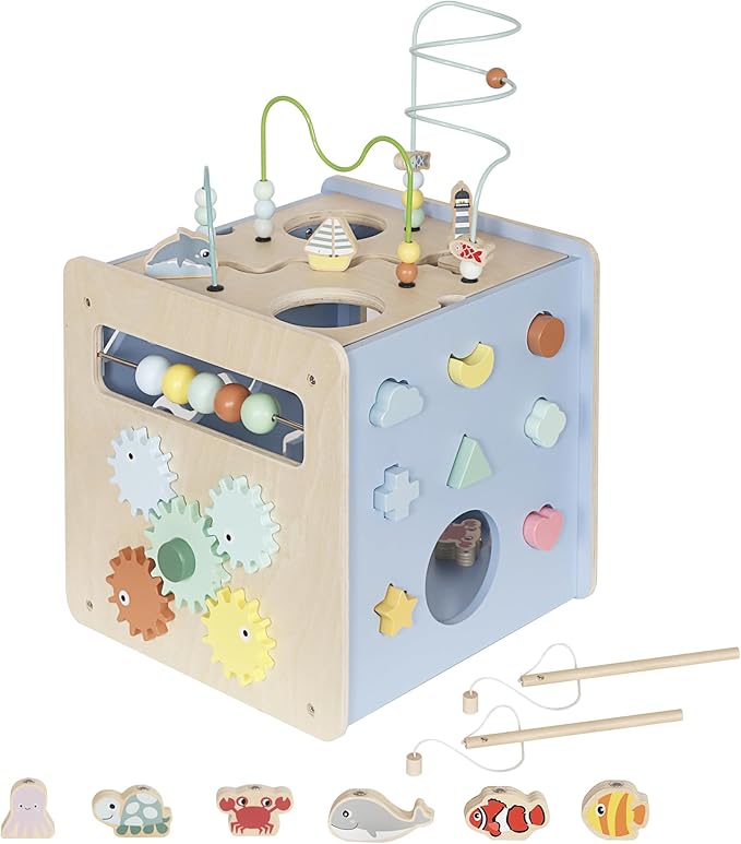 Wooden Activity Cube with Bead Maze, 7-in-1 Montessori Toys for 1+ Year Old Boys&Girls,Kids Educational Learning Toys for Toddlers Age 1-2,Under The Sea Adventure Cube with Fishing Game&Shape Sorter