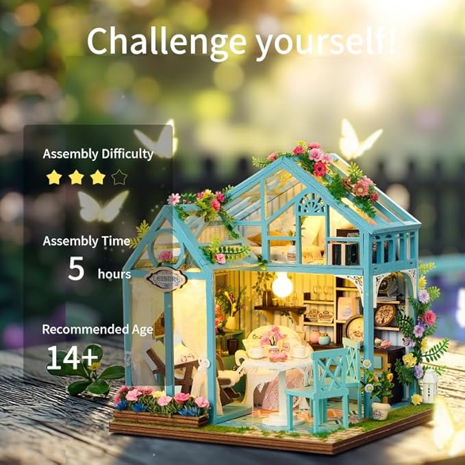 [2025 New] Floral Reverie Miniature House Kit with LED Light, Book Nook Kit with Cover for Birthday, 3D Wooden Bookends Puzzle Bookshelf Decor Building Kit Birthday Gifts for Family, Friends