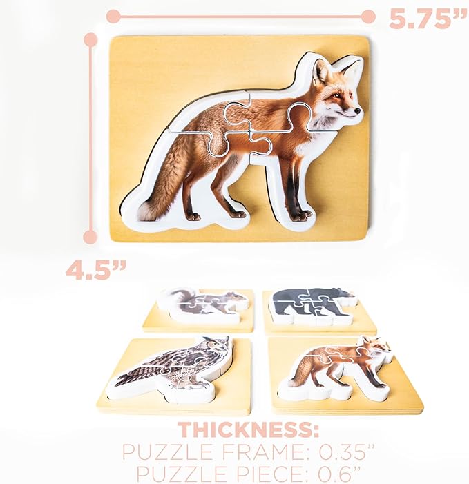 Wooden Montessori Animal Puzzles for Toddlers 2+ Years | Realistic Chunky Woodland Animal Shape Puzzle | Educational Learning Toy - Four-Piece Woodland Creature Puzzles
