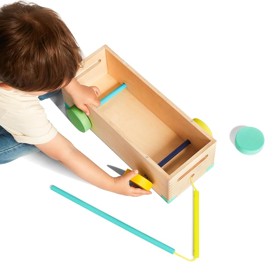 LOVEVERY | The Block Set | Solid Wood Building Blocks and Shapes + Wooden Storage Box, 70 Pieces, 18 Colors, 20+ Activities, Toddler Block Set and Converts into a Pull Car, Ages 12 to 48+ months