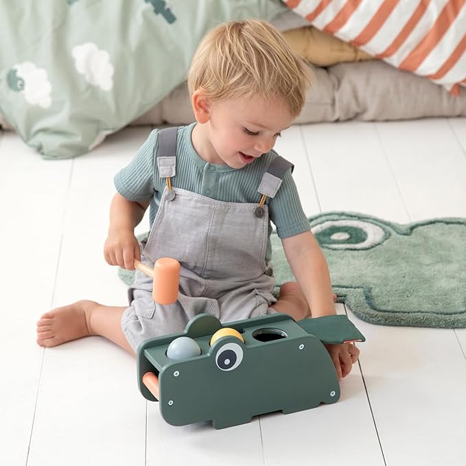 Done by Deer Hammer Board Croco Green - Wooden Activity Toy for Hand-Eye Coordination and Sense of Hearing - Green Color with Colorful Elements - Soft, Durable Fabric Flap with Crinkling Sound