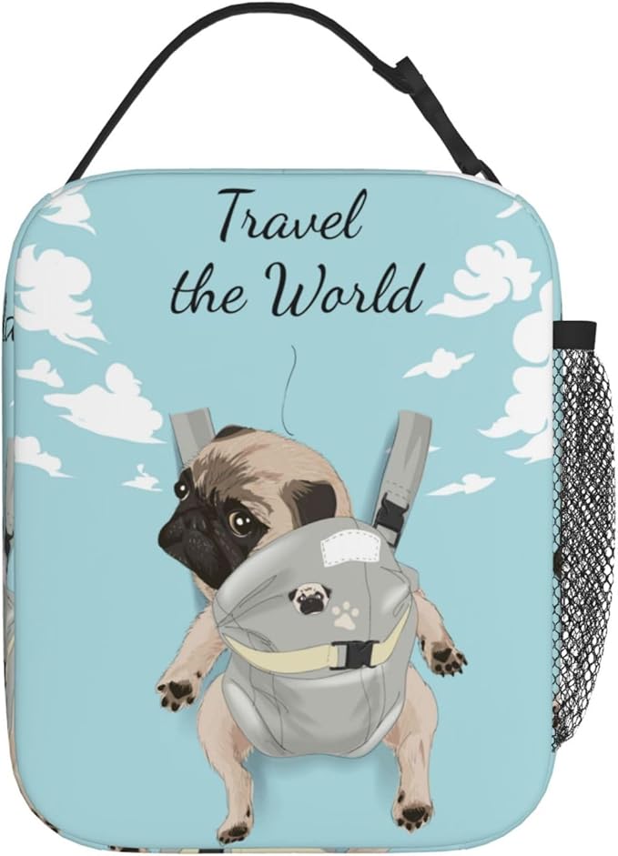 Cute Pet Pug Reusable Lunch Box Food Bag Insulated Lunch Bag for Teenage Boys Girls School Beach