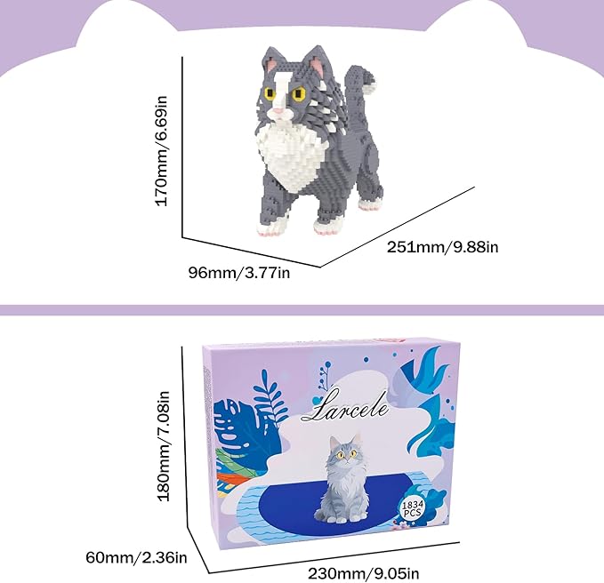Larcele Micro Building Blocks Set, DIY Mini Building Toy Bricks for Age Over 12 Years, 1834 Pieces KLJM-05 (Maine Coon Cat)