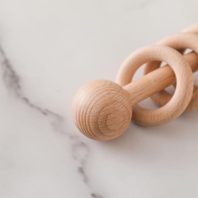 Wooden Baby Rattle, Newborn Wooden Rattle Toy, Natural Wooden Montessori Baby Grip 3 Ring Toy, Baby Gift Toy, Wood Rattle-1