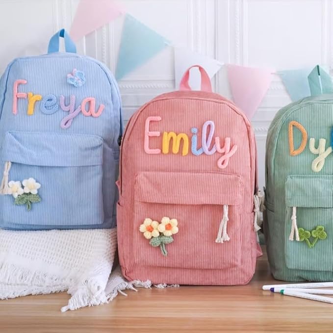 Personalized Corduroy Backpack with Kids Name, Custom Cotton Rope Embroidery Shoulder Bag, Customized Back to School Gifts for Girls Boys