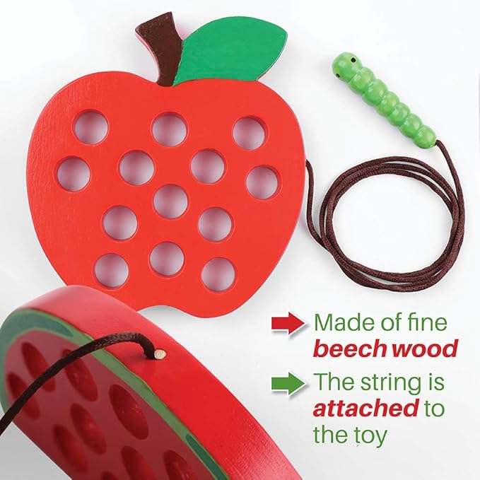 KLT Wooden Lacing Toy for Toddlers: Apple Watermelon Threading Toy - Preschool Fine Motor Skill Learning - Early Educational Gifts for 3 4 5 Kids