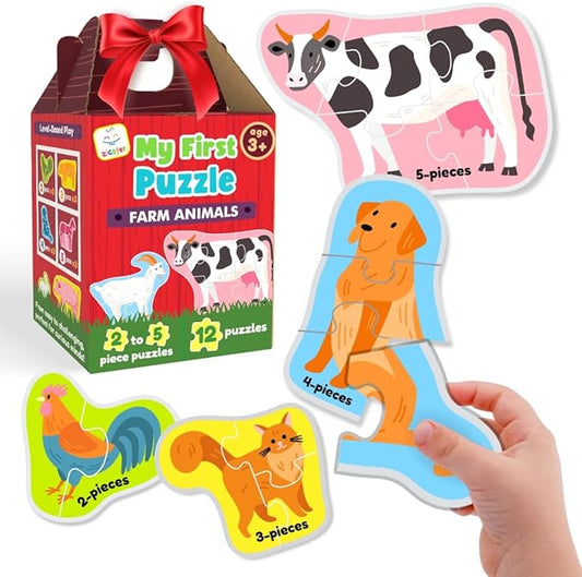 My First Puzzle - Montessori Toy, 12 Graded Puzzles, 2-5 Pieces (Farm Animals)
