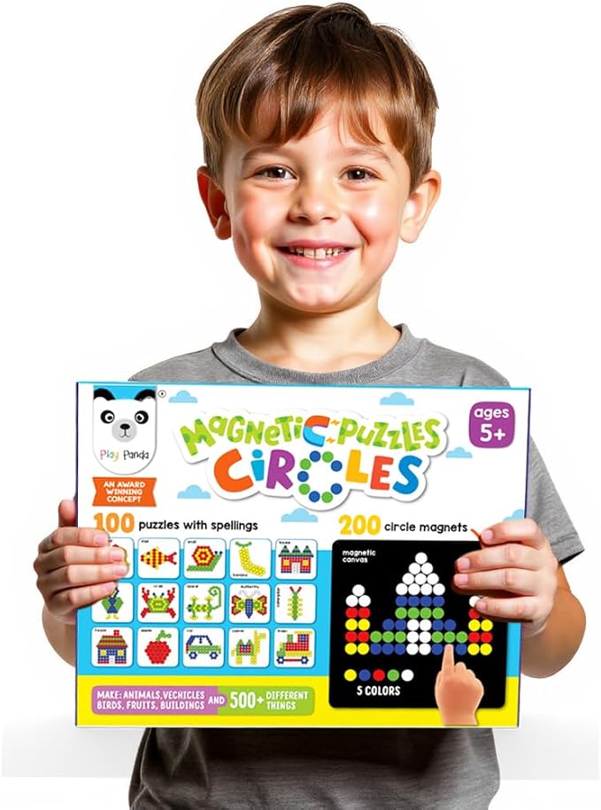 New Magnetic Puzzles : Squares - Includes 250 Colorful Magnets Pieces 100 Puzzle Book Magnetic Board and Display Stand