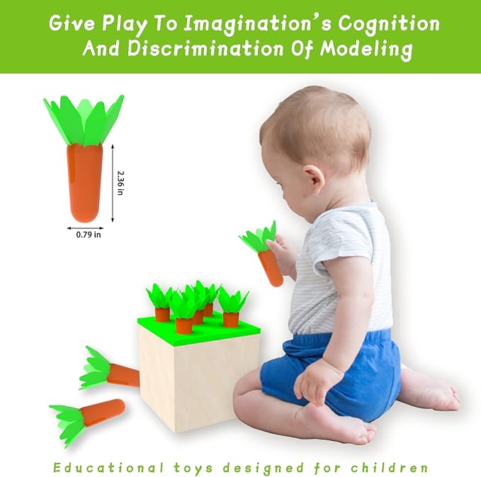 4-in-1 Montessori Wooden Play Kit for 1+ Year Old - Carrot Harvest Games, Infant Coin Box, Fine Motor Skills Toys and Cotton Swab Drop Game Box, Gift for Babies 6-12 Months