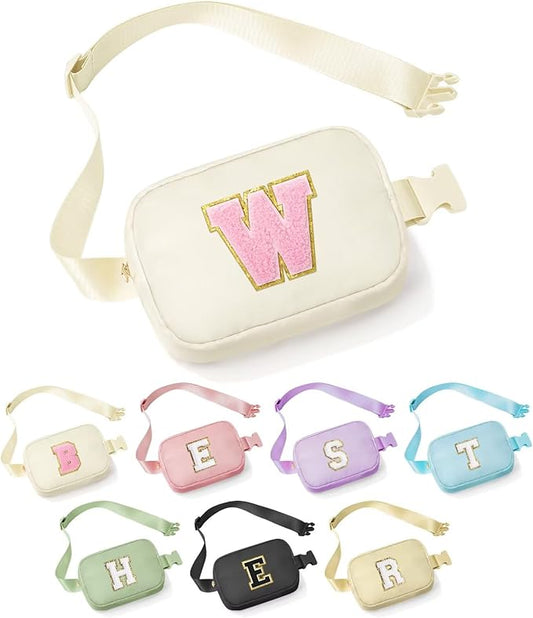 YOOLIFE Initial Sling Bag - Chest Bum Bag for Women, Small Crossbody Fanny Packs, Personalized Birthday & Christmas Gifts, White