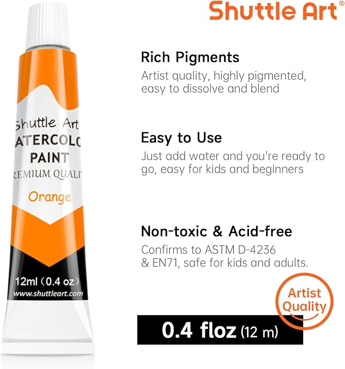 Shuttle Art 48 Pack Watercolor Paint Set, 36 Colors Watercolor Paint in Tubes (12ml Each) with 10 Brushes, 1 Watercolor Pad, 1 Palette, Premium Watercolor Kit for Artist, Beginners, Kids