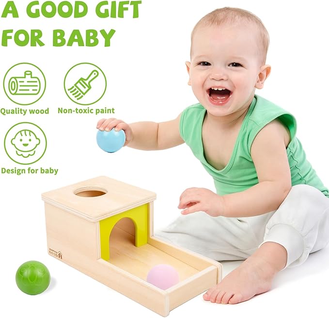 Adena Montessori Object Permanence Box with Tray Three Balls Montessori Toys for 6-12 Months Baby 1 Year Old Infant Toddler (Small Box - Typical)