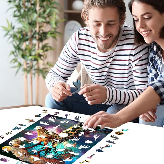 Wooden Jigsaw Puzzle for Adults and Kids Unique Shape Wood Colorful Beautiful Box Fun Challenge Brain Health Family Game Creative Gift for Friends Rompecabezas Madera(Giraffe 200pcs)