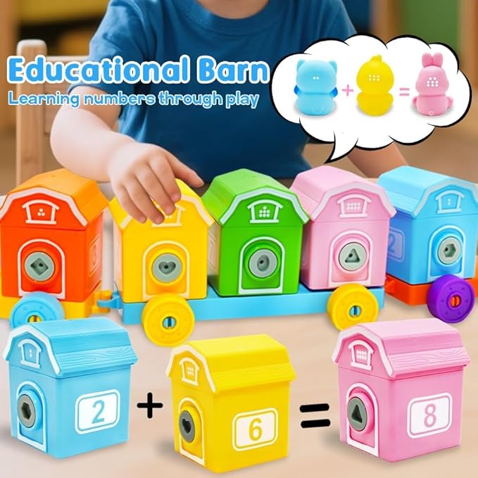 Learning Montessori Toys for Toddlers 1 2 3 Years Old, Sensory Farm Animals Train Toys with 10 Finger Puppets 1 Farmer, Counting Matching Sorting Barns with Keys, Educational Gift for Boys Girls