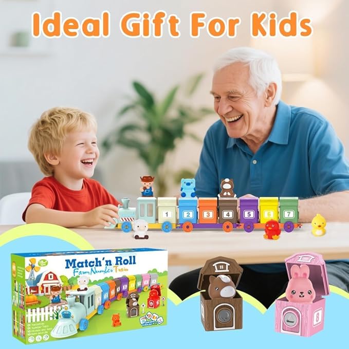 Learning Montessori Toys for Toddlers 1 2 3 Years Old, Sensory Farm Animals Train Toys with 10 Finger Puppets 1 Farmer, Counting Matching Sorting Barns with Keys, Educational Gift for Boys Girls