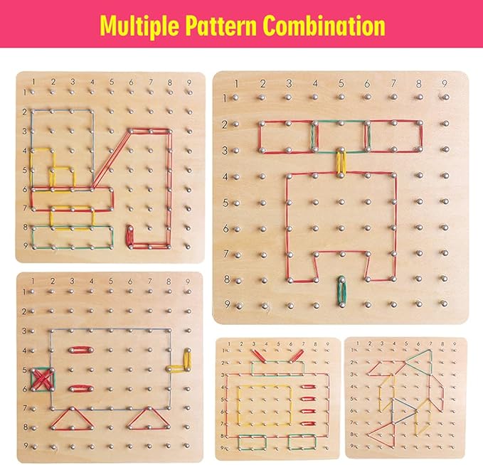 Skrtuan Wooden Geoboard with Pattern Cards & Rubber Bands, Montessori STEM Educational Toy for Kids 5-8 Years Old, Brain Teaser Puzzle Game for Geometry Learning and Creative Shapes