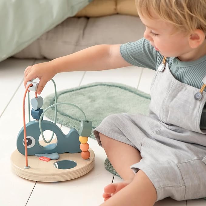 Done by Deer Wally Bead Maze - Educational Toy for Kids - Ocean Blue Theme - Fine Motor Skill Development - Whale & Underwater Elements - Soft Crinkling Fabric on Fins - Small Mirror - Sturdy Base