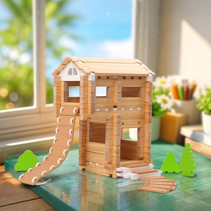 Jovi-mindly＆Notchies 96 PCS Wooden Blocks Wooden Toys with Storage Bag, Preschool Learning Toys Wood Blocks Building for Kids Ages 4-8 Creative Construction Game,FSC Certified,Halloween Gifts