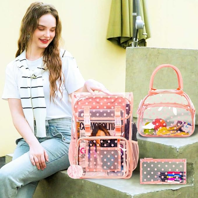 17" Polka Dot Clear Backpack for Girls - 3Pcs Flip Design Stadium Approved Set, Campus/School Transparent Bookbag (Pink)