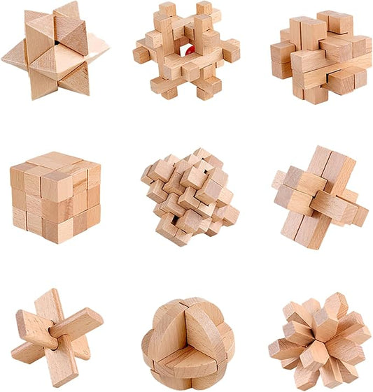 FantasyDay 9pcs Wooden Brain Teaser Puzzles, Interlocking Games for IQ Test, Intellectual 3D Assembling Educational Toy Set for Teens and Adults (9 Puzzle Set#A01)