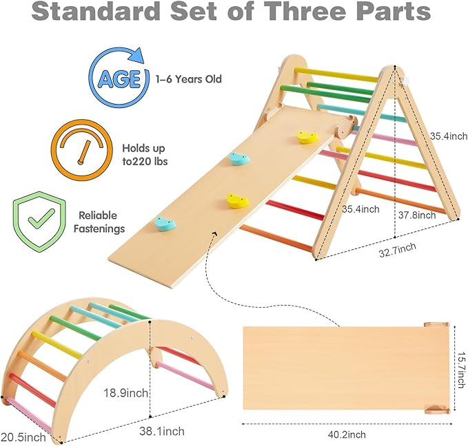 Asweets 4 in 1 Pikler Triangle Gym, Montessori Foldable Climber with Ramp, Indoor Climbing Toys for Kids, Climbing Triangle for Toddlers Arch Climber, Rocker, Learning Waldorf Children Toy, Rainbow