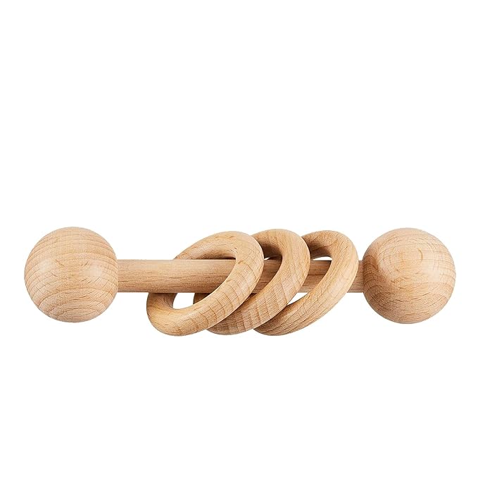 Wooden Baby Rattle, Newborn Wooden Rattle Toy, Natural Wooden Montessori Baby Grip 3 Ring Toy, Baby Gift Toy, Wood Rattle-1