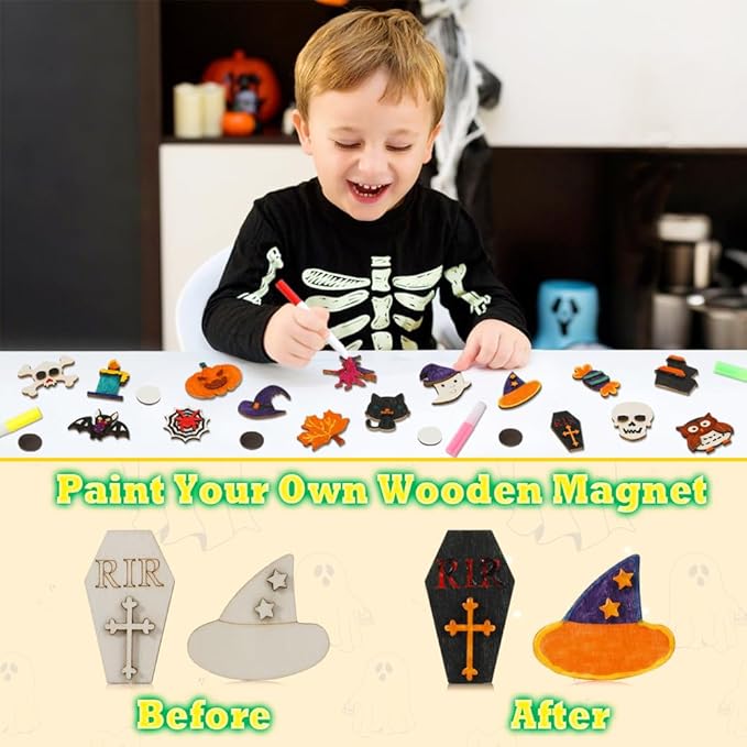 Worgree Halloween Crafts for Kids, 36 Pcs DIY Wooden Magnets Art Craft Supplies Painting Kit for Boys Girls Ages 4-8 8-12 Halloween Party Favors Gifts Basket Treat Goodie Bag Stuffers Classroom Prizes