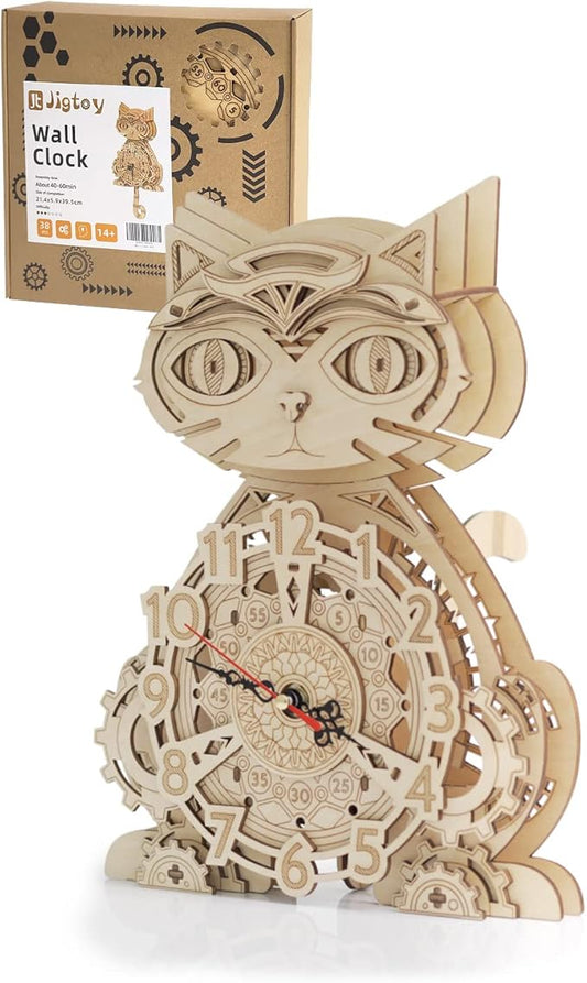 3D Puzzles for Adults Model kit Cat Clock Kids Wooden Desk Clock Decor for Birthday Gift/Christmas Day