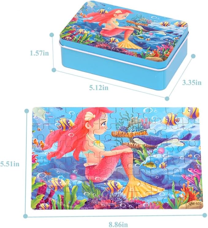 Wooden Puzzles for Ages 4-6, Educational Puzzles Toys for Kids, Jigsaw Puzzles in Metal Box, 60 Piece Puzzle Toys for Girls and Boys, Puzzle Gifts for Kids(Mermaid)