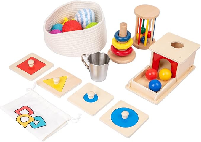 Adena Montessori Play Kit for 7-8 Months Baby,9 in 1 Learning Educational Toys for Toddler,Include Object Permanence Box,Different Balls,Shape Puzzles and More,Christmas Birthday Gift for Boys Girl