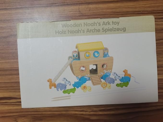 Toddlers Wooden Noah's Ark Toy Animal Playset, Shape Sorter Early Learning Montessori Toys, Baptism Gifts for 3 Boys Girls Kids