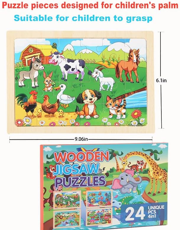 Puzzles for Kids Ages 4-6, 4 Packs 24 Piece Wooden Jigsaw Puzzle for Toddlers 5-8, Preschool Educational Puzzle Boards Toys Gifts for 4 5 6 7 8 Boys Girls