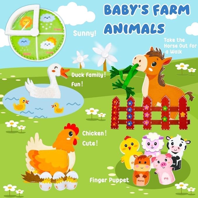 Farm Busy Book for Toddlers 1-3, Busy Book for Toddlers 3-5, Educational Farm Barn Animals Quiet Books with Finger Puppets, Montessori Portable Travel Learning Toys for 1 Year Old Boy Girl Gifts