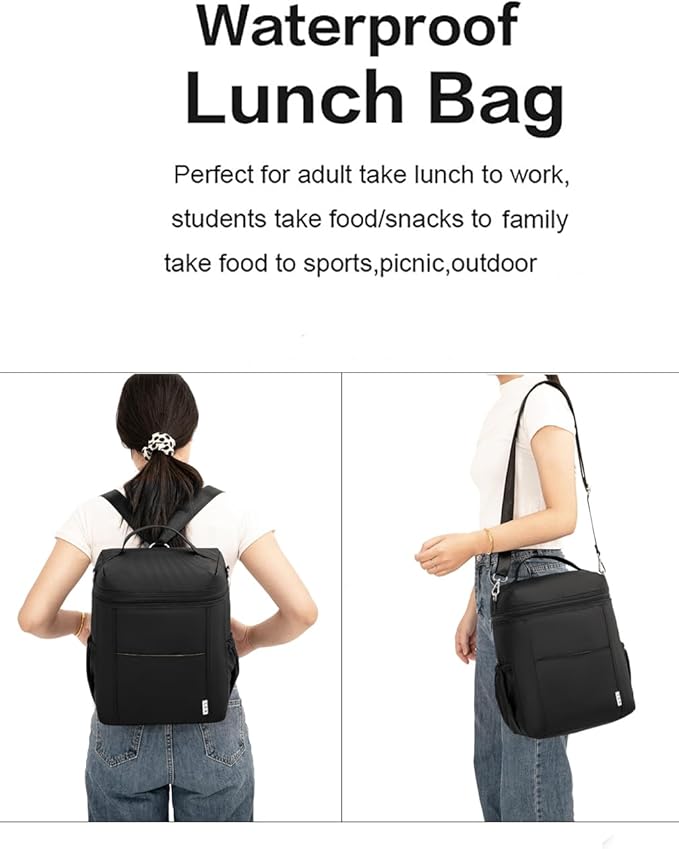 NOL Natural Organic Lifestyle Insulated Lunch Bags for Women Cooler Bag Lightweight Nylon Waterproof Lunch Box For Work (Black, Large)