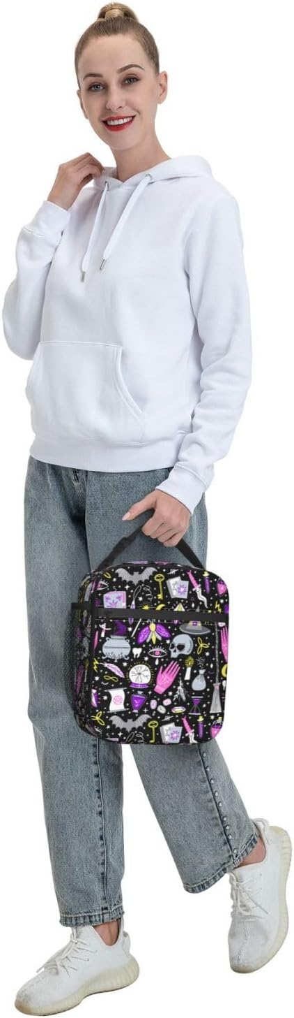 Magic Goth Spooky Gray Purple Reusable Lunch Box Food Bag Insulated Lunch Bag for Teenage Boys Girls School Beach