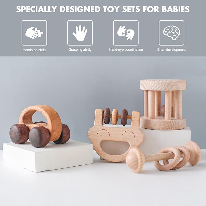 Wooden Baby Rattle Set, Newborn Wooden Rattle Toy, Natural Wooden Montessori Baby Grip Toy, Baby Gift Toy, Wood Rattle Set-7