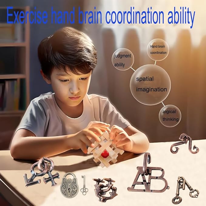 Arlai 12 pcs Wooden Brain Teaser Puzzle and Metal 3D Unlock Interlocking Jigsaw Educational Toy for Kids and Adults Brain Games Durable Easy to Assemble Birthday Gifts Educational Toys