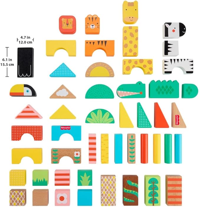 Fisher-Price Wood Toddler Toy Jungle Blocks, 50-Piece Wooden Animal Building Set for Preschool Pretend Play Kids Ages 2+ Years