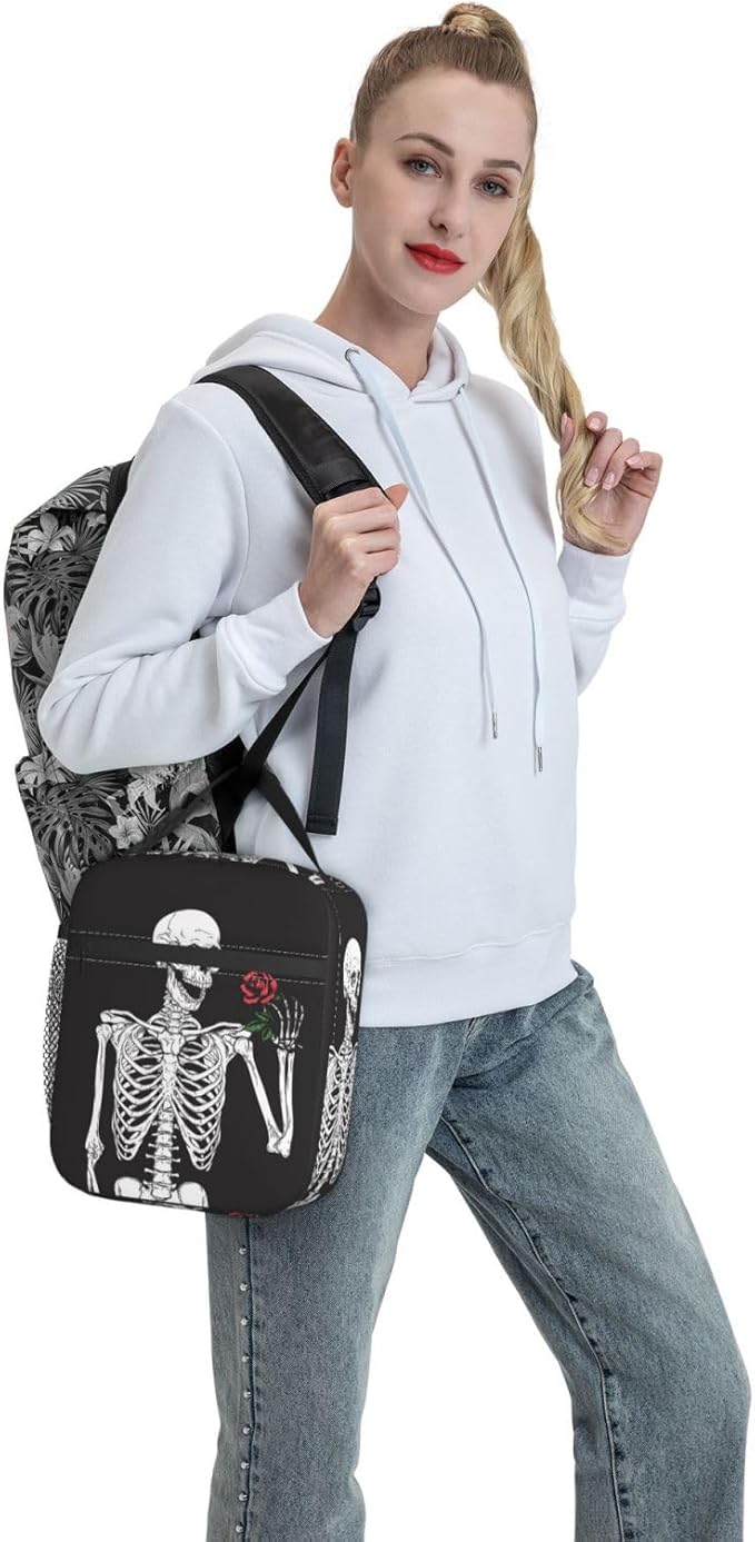 Halloween Skeleton Funny Skull Reusable Lunch Box Food Bag Insulated Lunch Bag for Teenage Boys Girls School Beach