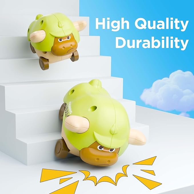 iPlay, iLearn Press to Go Car Toys for Toddlers, Baby Mini Animal Race Cars, 3pcs Infant Play Vehicle Set, Push Go Friction Bull Toys for 18 24 Month, Frist Birthday Gift for 2 3 Year Old Boys Girls