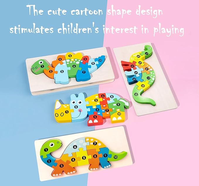 4-Pack Wooden Puzzles for Kids Ages 3-5, 3 Dinosaurs and an Animal Puzzles, Ideal Gift for Toddler