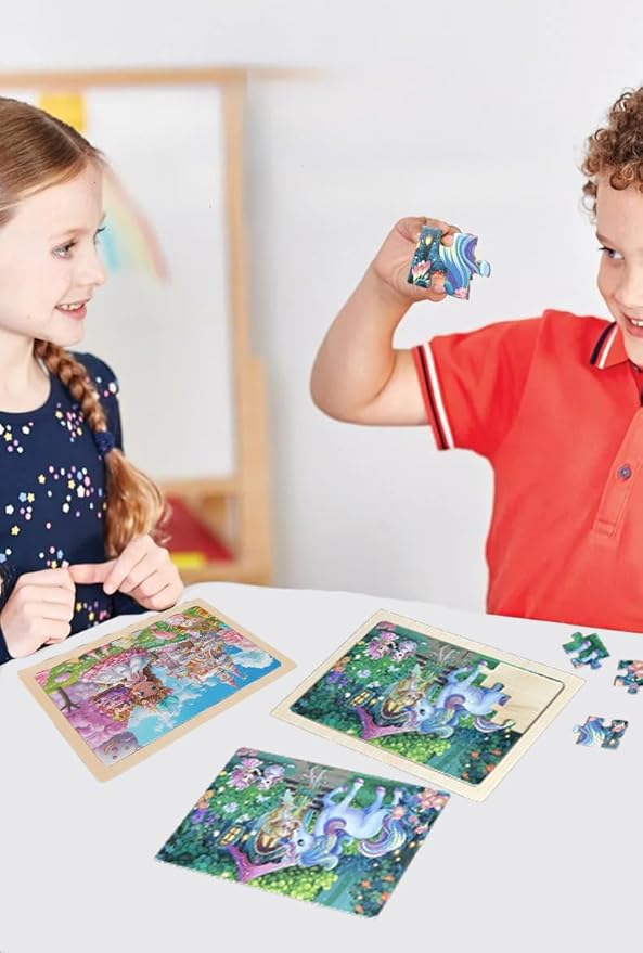 4 Sets of Wooden Puzzles, Each Set has 24 Pieces, Including Castle Unicorn Princess, for Toddlers 3-5, Puzzles for Kids Ages 4-6, Preschool Educational Brain Teaser Toys for Girls 3 4 5 6 Years Old.