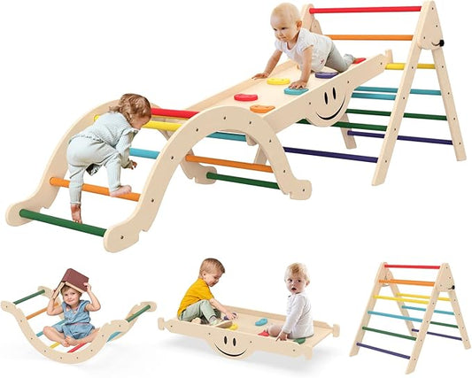 BIERUM Pikler Triangle Set - 8 in 1 Toddler Climbing Toys Indoor Wooden, Montessori Pickler Climbing Set with Ramp, Foldable Baby Climbing Gym, Rainbow