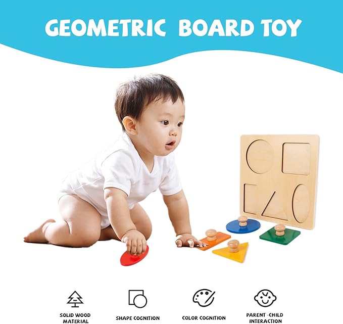 Montessori Toys for Babies 6-12 Months Wooden Shape Puzzles for Toddlers 1-3,Jumbo Knob Baby Puzzles for Easy Grasp,Color & Shape Sorter - Montessori Puzzle Preschool Learning Toys(5 Geometric Shape)