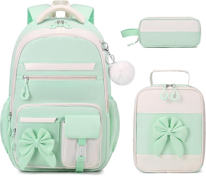 Backpack for Girls, 3PCS Girls Backpack for School with Lunch Bag Pencil Case, Cute Kids Teens Bookbag for Kindergarten Elementary Preschool Middle School (Green)