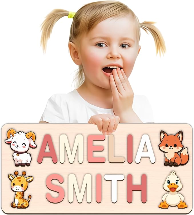 LOVELYPOD Personalized Name Puzzle for Kids, Custom Name Puzzles for Toddlers 1-3 Animal Puzzle, Customized 1st Birthday for Girls & Boys Wooden Toys for Kids, for New Baby - Style 17