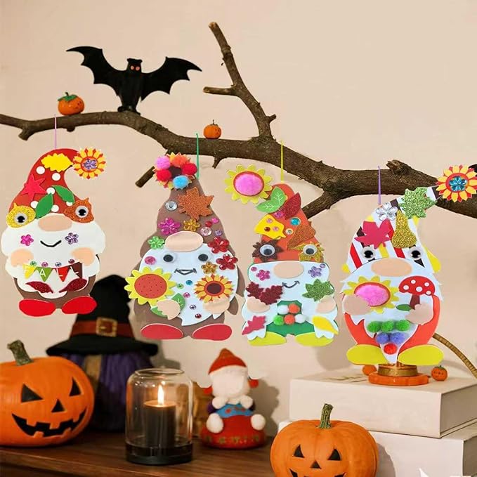 24 Sets Halloween Fall Gnome Crafts Kits for Kids,DIY Fall Gnomes Ornaments Decorations Art with Leaf Pumpkin Sunflower Foam Stickers Arts for Kids Autumn Thanksgiving Activity Art Project